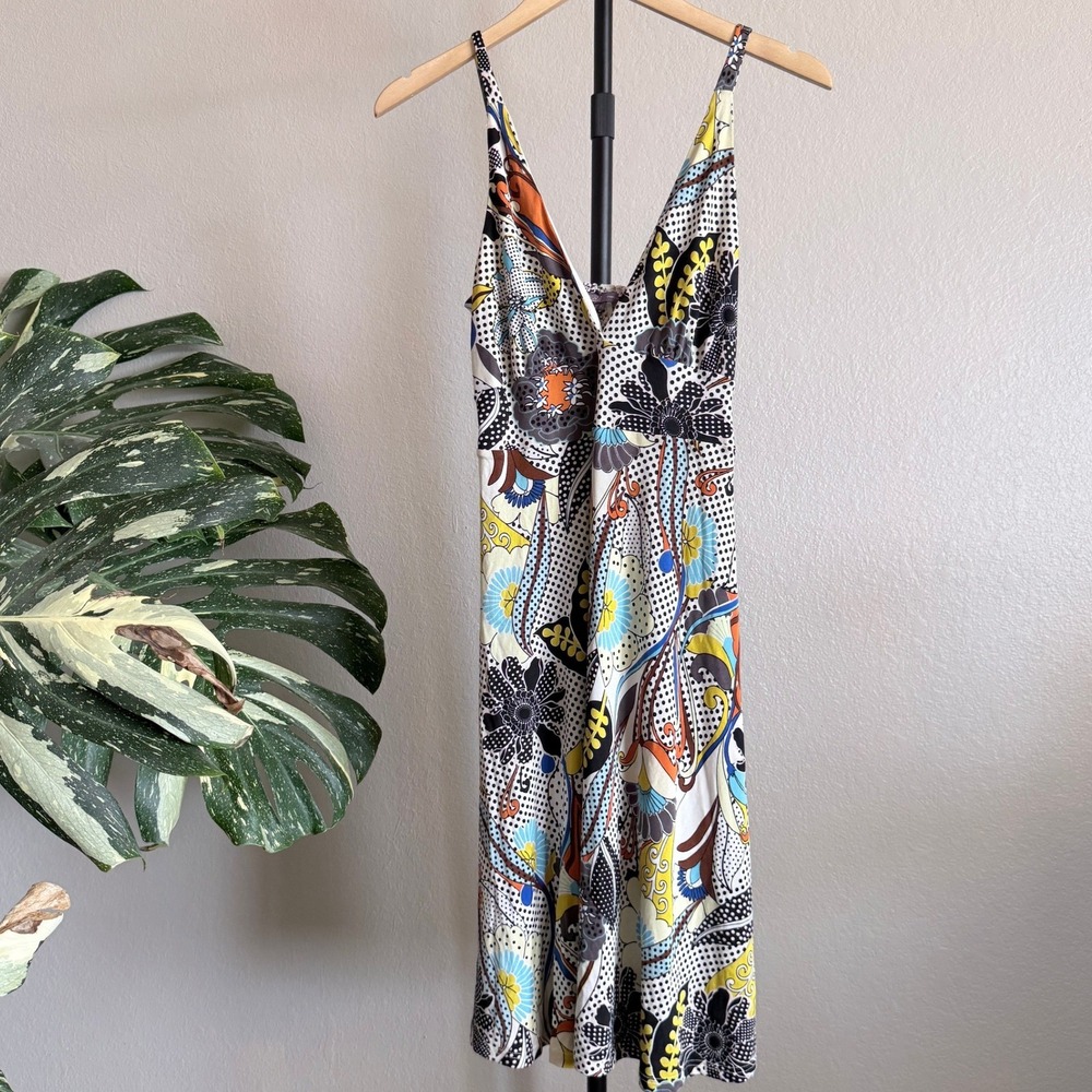 Hale Bob 100% Silk Whimsy Dress Small Eclectic Floral Print, V-Neck Tank Flowy